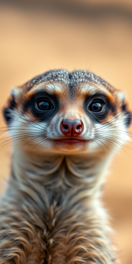 Close-up portrait of a meerkat with a soft-focus background, taken with a Canon EOS 5D Mark IV at f/2.8, 1/200s, ISO 200, 50mm lens in natural light, highlighting the texture of the fur and the details in the eyes.