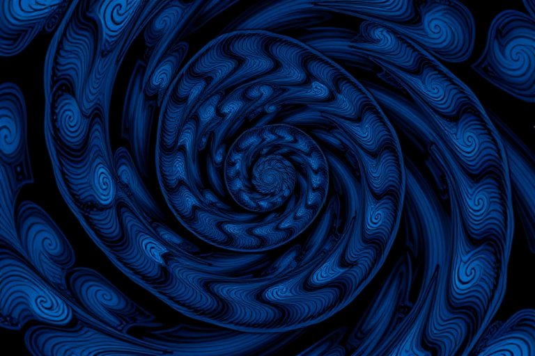 generate a high-resolution fractal pattern with intricate blue and black spirals using a DSLR camera at f/11, 1/250s shutter speed, ISO 200, wide-angle lens, and a macro style for enhanced detail and clarity