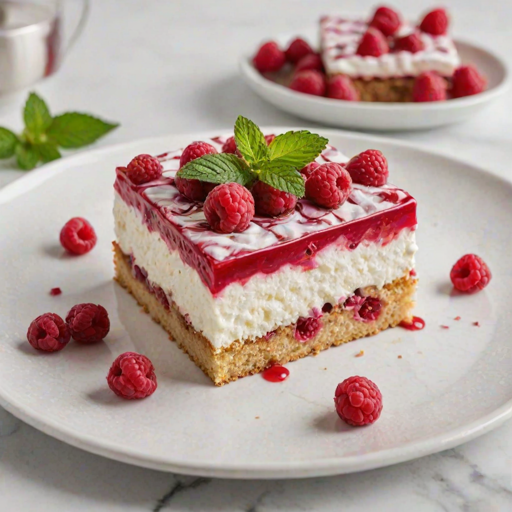 Create a delicious and visually appealing dessert with a square shape. The cake should have layers featuring a light, creamy texture with swirls of raspberry sauce. Decorate the top with fluffy whipped cream, fresh raspberries, and mint leaves for a vibrant finish. Present it on a simple white plate against a soft marble background.
