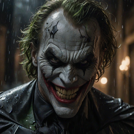 Merging elements of Batman and The Joker, this character portrays an evil, maniacal laughter, a sinister grin, and piercing eyes, accompanied by inhumanly sharp fangs. In a half-body portrait, Batman appears maniacal, gazing into a shattered mirror, his image rendered in Todd Phillips' unique style. The scene exudes an atmosphere of darkness, horror, and intense drama, with dramatic lighting and high-quality, hyper-realistic visuals. Inspired by the style of illusory wallpaper portraits, the image showcases colorful realism, exceptional attention to detail, and intricate hidden elements. The UHD, 8K resolution delivers a stunning image, combining realism and vibrant colors for an immersive, intense experience.
