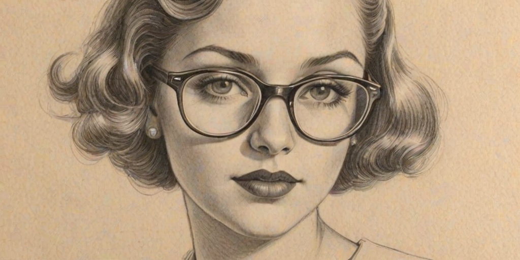 Sublime Courtney Peldon, pencil sketch, portrait of Attractive woman 1930s in glasses, hair style beatnik, outline, clear lines, fine lines, 8k