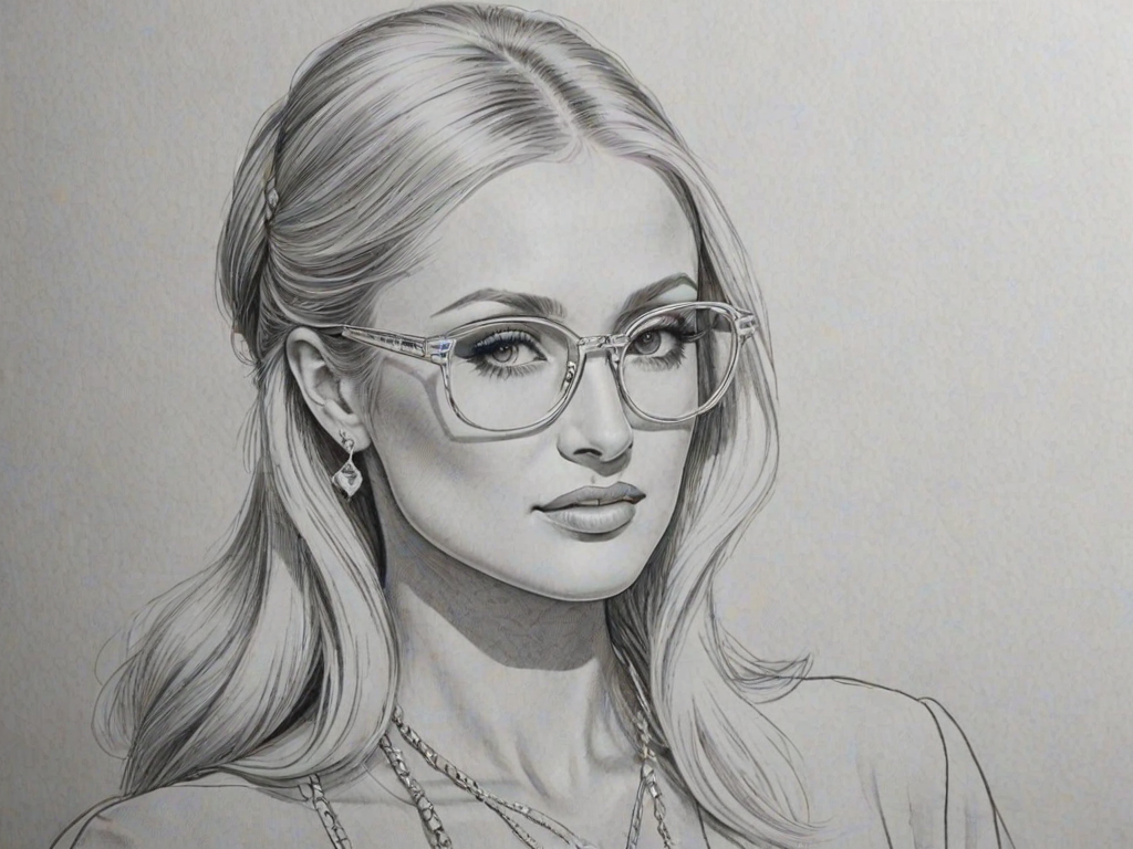 Graceful Paris Hilton, pencil sketch, portrait of Wonderful woman 1921s in glasses, hair style beatnik, outline, clear lines, fine lines, 8k