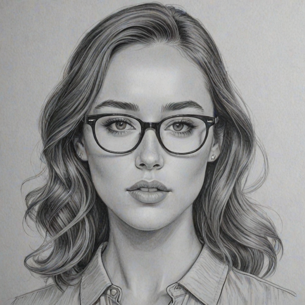 Enticing Alycia Debnam-Carey, pencil sketch, portrait of Elegant woman 1964s in glasses, hair style beatnik, outline, clear lines, fine lines, 8k