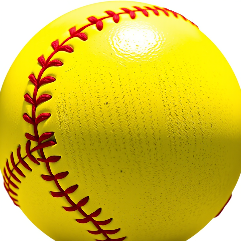 Create a vibrant illustration of a classic yellow softball with red stitching, capturing the texture of the ball using a close-up view, with a shallow depth of field, using a DSLR camera set at f/2.8, ISO 100, shutter speed 1/500s, in natural lighting.