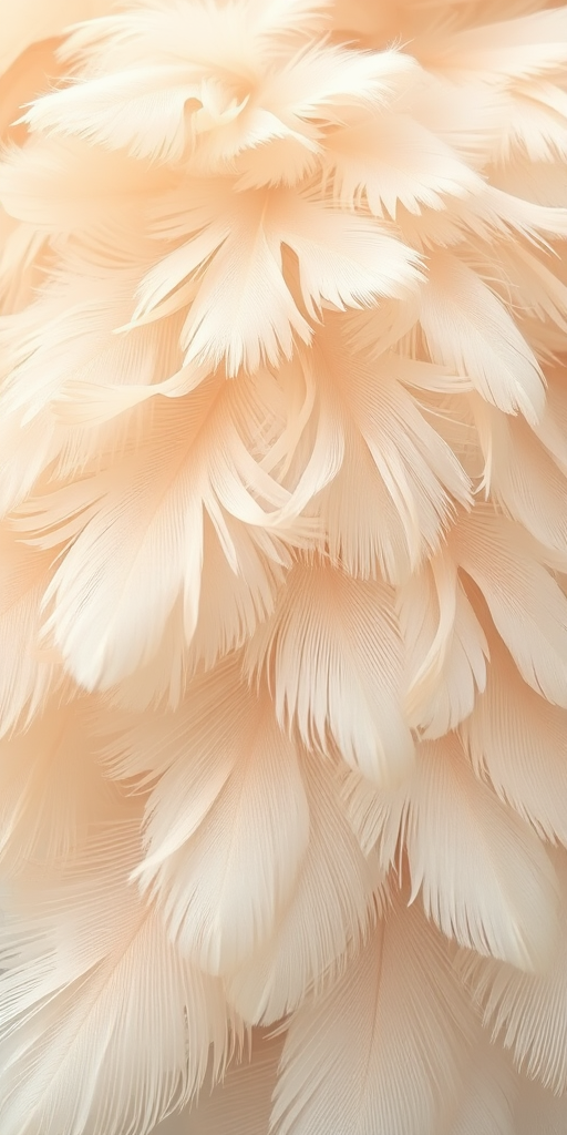 a close-up photograph of fluffy, soft, pale beige feathers with intricate details and textures