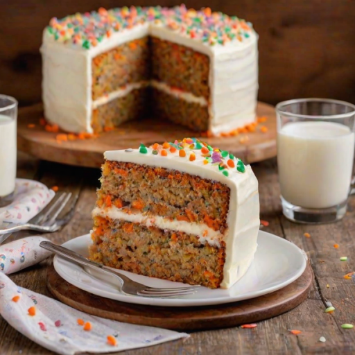 Create an image of a three-layer carrot cake with cream cheese frosting. The cake should have visible layers of moist carrot cake and be decorated with colorful sprinkles and small fondant carrots on top. Include a slice of the cake on a wooden board, with a glass of milk in the background. The setting should be warm and inviting, with a soft-focus background.