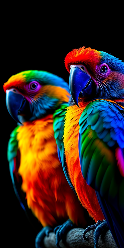 regenerate an image of two colorful parrots against a black background with vibrant neon effects, use a Canon EOS R5 with a 50mm f/1.2 lens, set ISO to 200, aperture at f/2.8, and shutter speed at 1/200 sec, focus on high contrast colors and sharp details, shot in macro mode for enhanced clarity