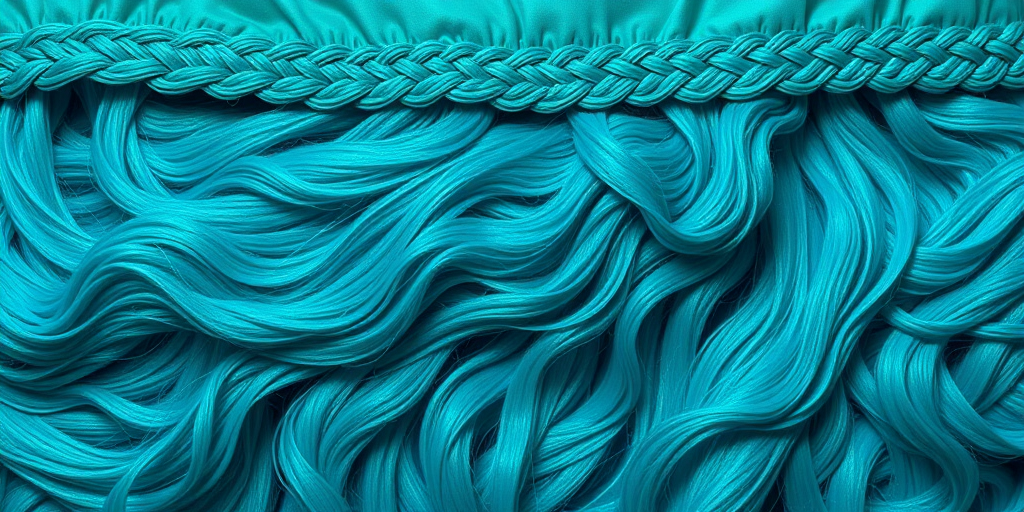 Vibrant teal mermaid waves cascading down to the waist, shimmering with iridescent highlights, creating a mesmerizing oceanic illusion with intricate braided details along the crown
