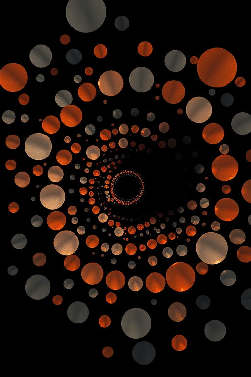Generate an intricate abstract design featuring a swirling pattern of varying circle sizes on a black background, captured with a Canon EOS R5 at f/8, ISO 100, 1/60s, using a macro lens for enhanced detail and clarity.