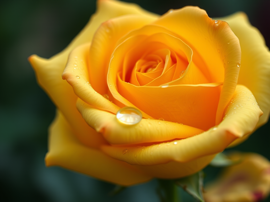 Close-up shot of a yellow rose with dew drops on its petals, taken with a DSLR camera, 50mm lens, f/2.8 aperture, ISO 100, 1/200 sec shutter speed, natural light with a soft bokeh background.