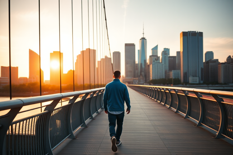 A person walking on a bridge with a city skyline in the background during golden hour, focused on the subject, using a Canon EOS R5 with a 50mm f/1.8 lens at ISO 100, shutter speed 1/200s, aperture f/2.8, capturing vibrant colors and sharp details, sunrise light enhancing the scene.