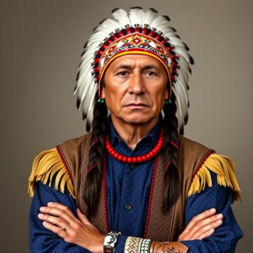 Create a dignified portrait of a Native American man dressed in traditional attire. He wears a beautifully crafted headdress adorned with white feathers and red beads, along with a beaded headband featuring intricate patterns. His clothing includes a deep blue, patterned shirt and a traditional chest piece with detailed beadwork. His arms are crossed, displaying leather armbands decorated with feathers. The background is simple and neutral, emphasizing his proud and stoic expression. The overall image captures the rich cultural heritage and strength of his persona.
