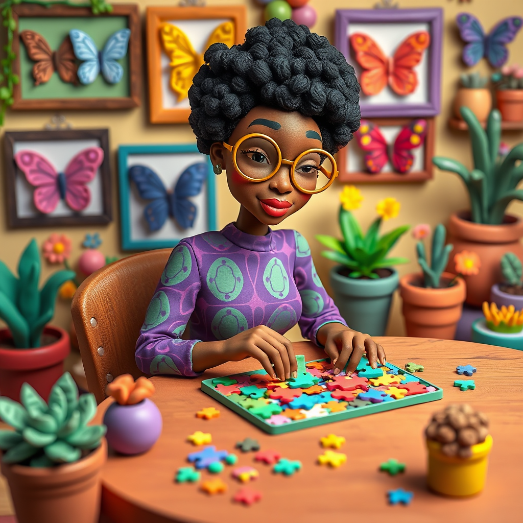 A vibrant and whimsical illustration of an african american woman sitting at a table working on a colorful jigsaw puzzle. she is wearing round glasses, and patterned clothing in shades of purple and green.  The background features an eclectic collection of framed butterflies, potted plants, and other natural elements, creating a warm and inviting atmosphere. The style is playful and modern, with rich textures, intricate details, and a lively color palette.
