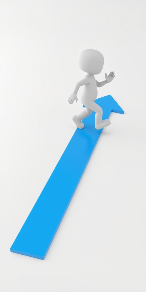 A 3D character walking on a blue arrow, high-resolution, shot with a DSLR camera at f/8 aperture, 35mm lens, ISO 100, in a studio setup with soft lighting and white background.