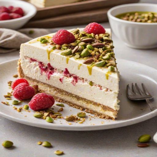 Create an image of a slice of layered cheesecake with a creamy texture. The top layer should be a light pink raspberry mousse, garnished with fresh raspberries and chopped pistachios. Include a swirl of whipped cream on top, with a sprinkle of crushed pistachios and a drizzle of raspberry sauce. The crust should be a golden cookie base, and the background should feature a marble countertop.