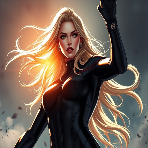Create a highly detailed digital illustration of a female superhero with long flowing hair wearing a sleek black bodysuit, shot from a low angle using a 50mm lens, f/1.8 aperture, ISO 100, with dramatic lighting to enhance textures and movements.