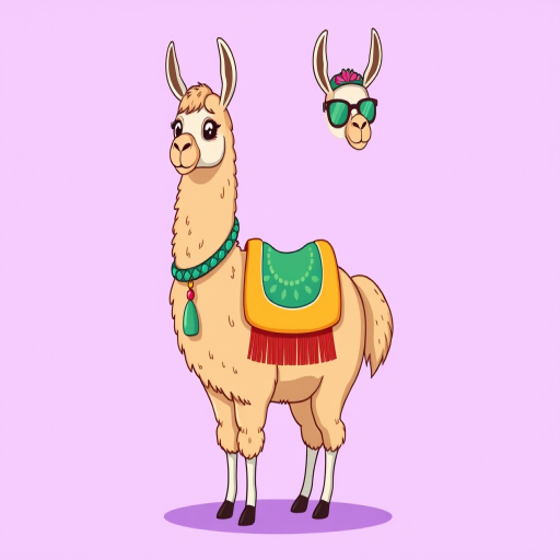 Create a colorful cartoon illustration of a llama with a vibrant saddle and accessories on a solid light purple background, using a digital tablet, 300 DPI resolution, front view, with soft shading and a playful cartoon style.