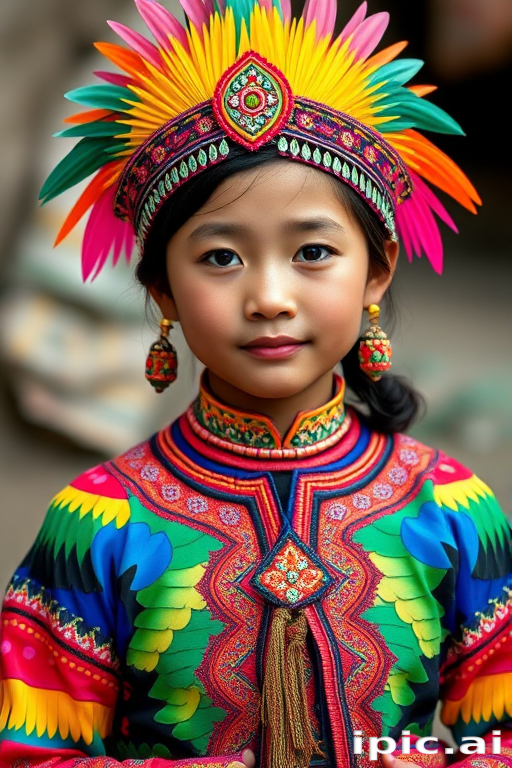 A beautiful Miao girl, wearing colorful bird clothing with vibrant colors