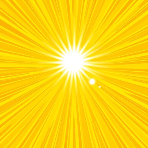Create a bright yellow sunburst illustration with vibrant rays extending outward, using a DSLR camera with a 50mm lens, aperture set to f/8, ISO 100, and shot from a low angle for a dynamic perspective.