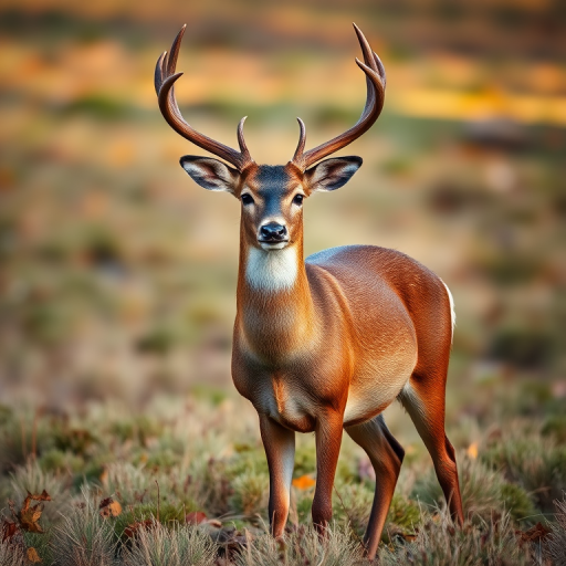 A majestic deer standing in a grassy field with fallen leaves, captured in soft natural light, using a Canon EOS R5 camera with a 50mm lens at f/2.8, ISO 200, 1/200 sec, in portrait mode.