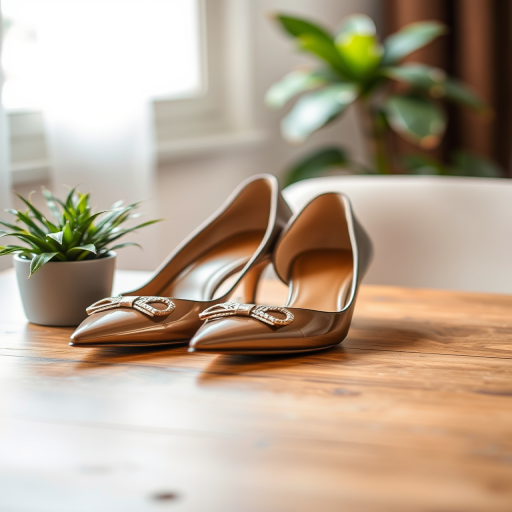 Regenerate an image of elegant shoes resting on a wooden table with a small potted plant, shallow depth of field for soft background blur, natural lighting, captured with a DSLR camera, focal length 50mm, aperture f/2.8, ISO 100, and a soft focus style.