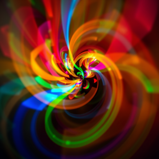 Create an abstract colorful swirl of light and shapes with vibrant hues, high contrast, sharp focus, using a DSLR camera at f/2.8 aperture, ISO 100, and a wide-angle lens with a slight motion blur effect to enhance the energy of the image.