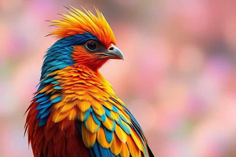 Create a vibrant and colorful image of a phoenix with detailed feathers in shades of blue, gold, and orange, set against a dreamy background of soft pastels and circular bokeh; use a DSLR camera with a 50mm lens, aperture set to f/1.8 for shallow depth of field, ISO 100 for minimal noise, and capture in natural light for enhanced colors.