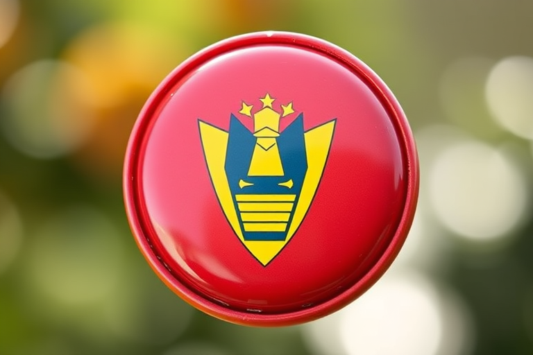Create an image of a round badge featuring the national flag of Barbados with vibrant colors, high-resolution, taken with a DSLR camera at f/2.8 aperture, 50mm lens, ISO 100, soft natural lighting, and a slight bokeh effect in the background.
