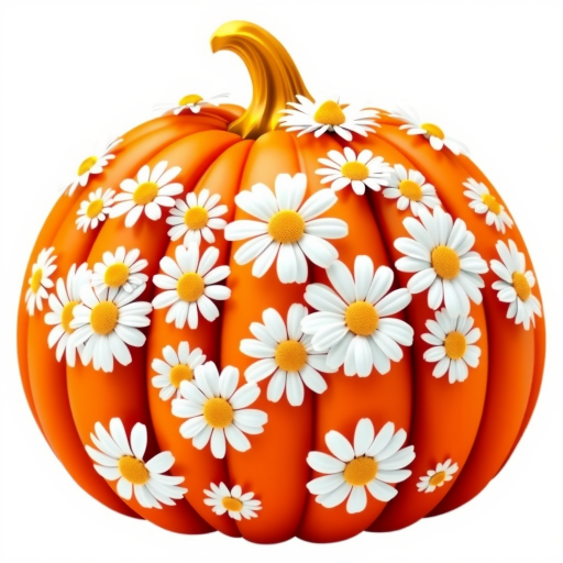 a whimsical orange pumpkin with white daises pattern covering the pumpkin. Solid white background sublimation vector 3000dpi 32k