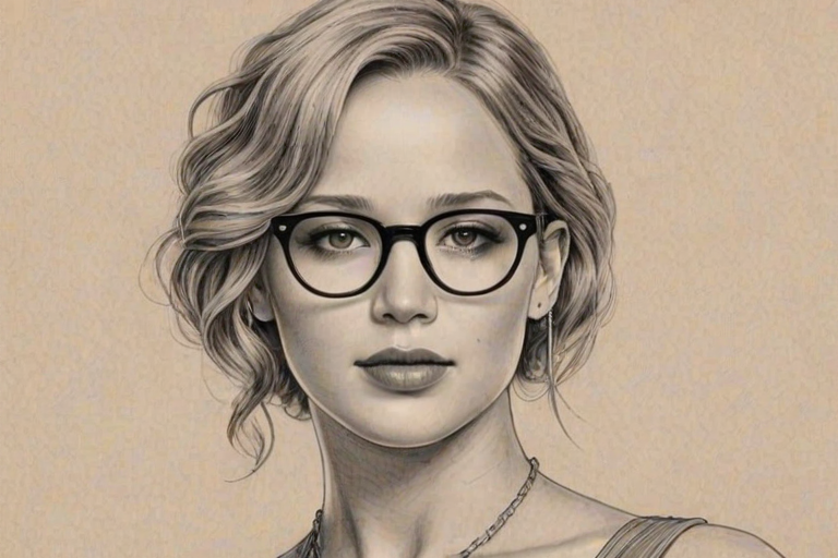 Fetching Jennifer Lawrence, pencil sketch, portrait of Resplendent woman 1920s in glasses, hair style beatnik, outline, clear lines, fine lines, 8k