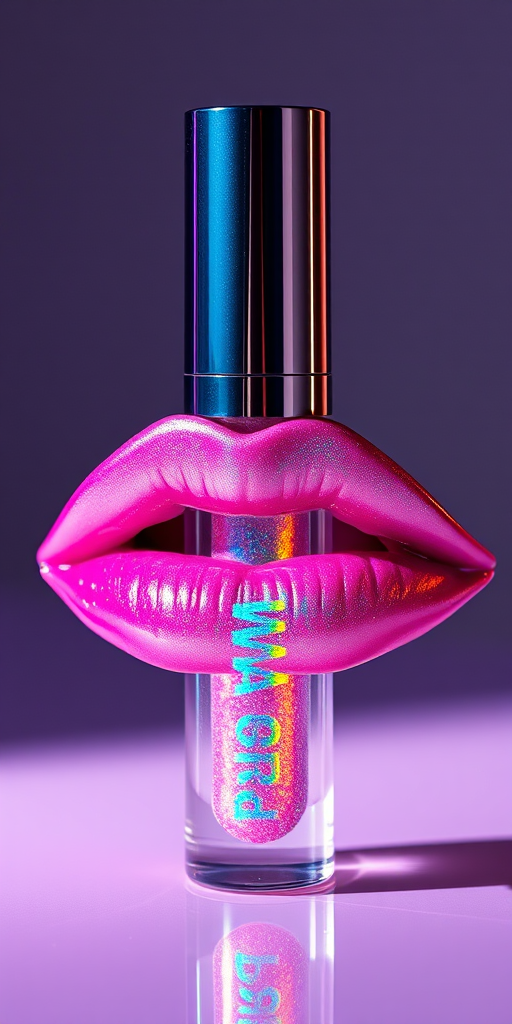 Holographic "Prism Power" lip gloss with color-shifting pigments, delivering a mesmerizing rainbow effect and ultra-reflective shine