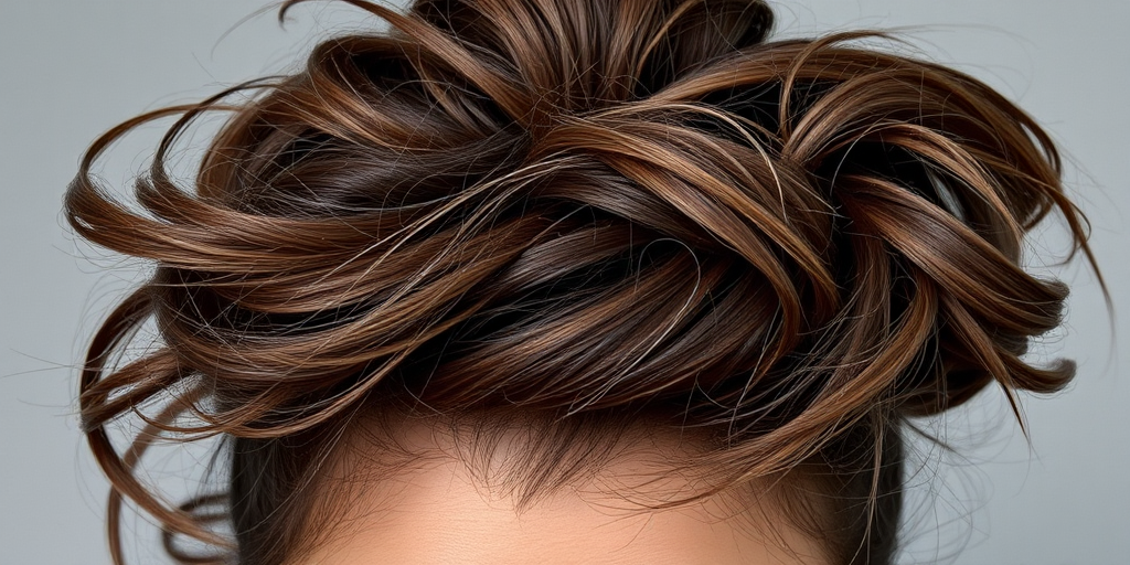 Smoky Quartz Tousle exhibits a multidimensional ash brown color with subtle grey undertones, styled in an effortlessly chic messy bun with face-framing pieces