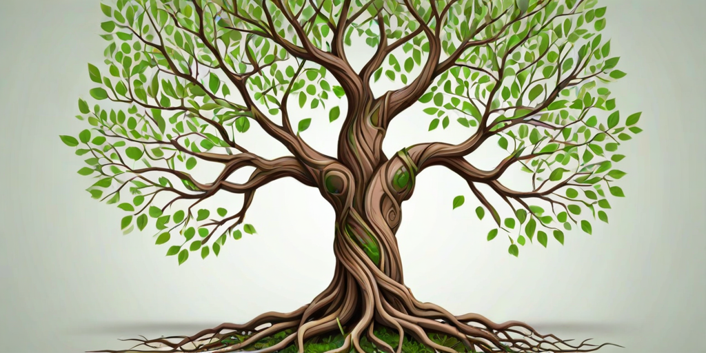 create an illustration of a stylized tree with intricate branches and vibrant green leaves, showcasing a detailed root system, set against a transparent background