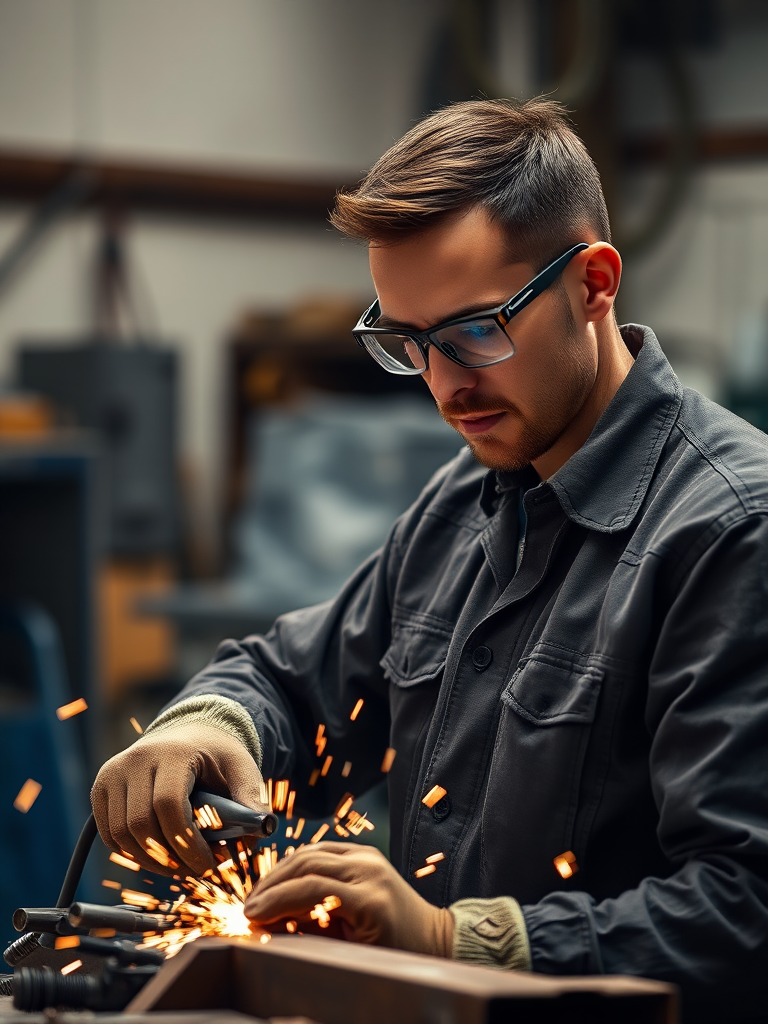 high-quality image of a male welder in a workshop, wearing protective glasses and gloves, sparks flying from metal work, soft lighting, focus on the welder and tools, aperture f/2.8, shutter speed 1/125s, ISO 200, 50mm lens