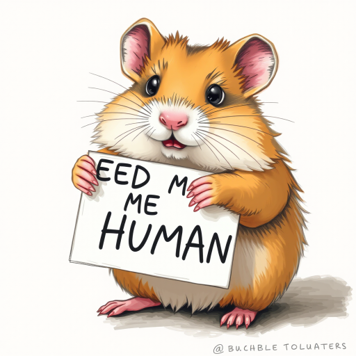 hamster holding a note which says "FEED ME HUMAN"