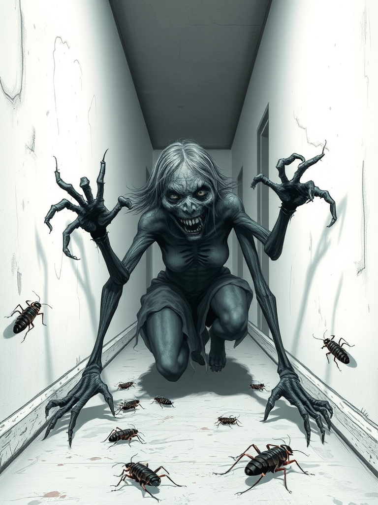 a crooked female with long arms and a creepy smile is crawling along a long white corridor and you can also see cockroaches in it there is a creepy atmosphere creepy art style