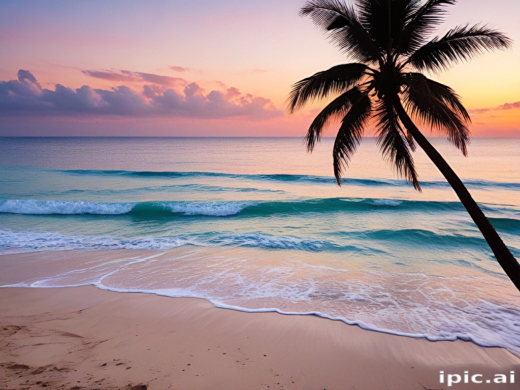 Tranquil Sunset Over Serene Beach with Palm Tree Silhouette at Dusk