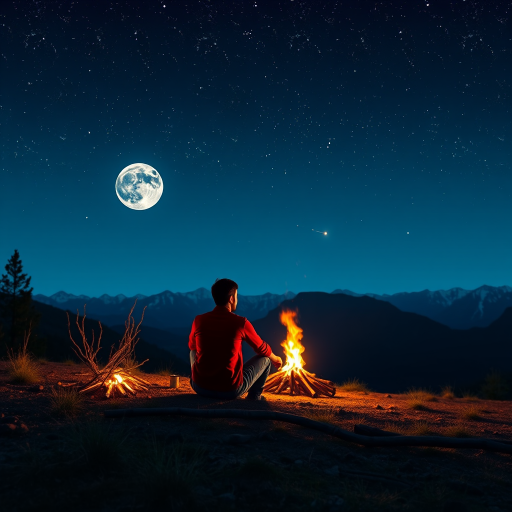 Create a digital art scene of a person in a red shirt sitting by a campfire under a starlit sky, with mountains in the background, a full moon, and a shooting star, using a virtual camera with a wide-angle lens, f/2.8 aperture, ISO 100, 24mm focal length, and a low light setting for enhanced brightness and detail.
