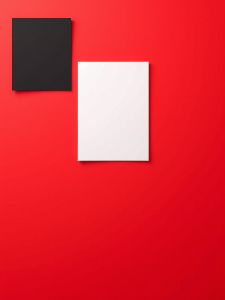 Create a flat design image featuring a black rectangle on the top left, a white rectangle beneath it, and a large red background, captured with a DSLR camera at f/8 aperture, ISO 100, 50mm lens, in landscape orientation, using a high dynamic range style for enhanced detail and color vibrancy.