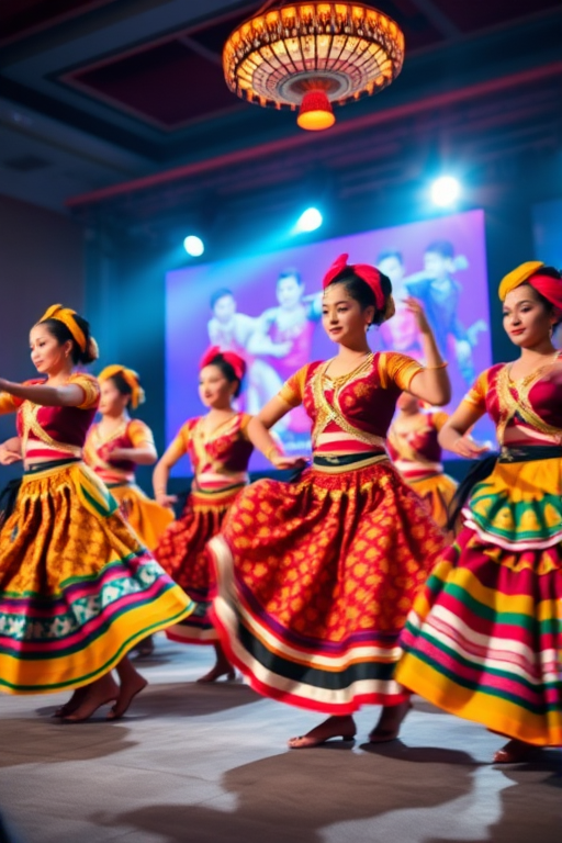 Capture a vibrant dance performance featuring traditional dancers in colorful costumes, shot at a wide angle with a shallow depth of field to emphasize the dancers, using a Canon EOS R5 with a 50mm f/1.2 lens at ISO 100, shutter speed 1/500 sec, and aperture f/2.8 for enhanced image quality and detail.
