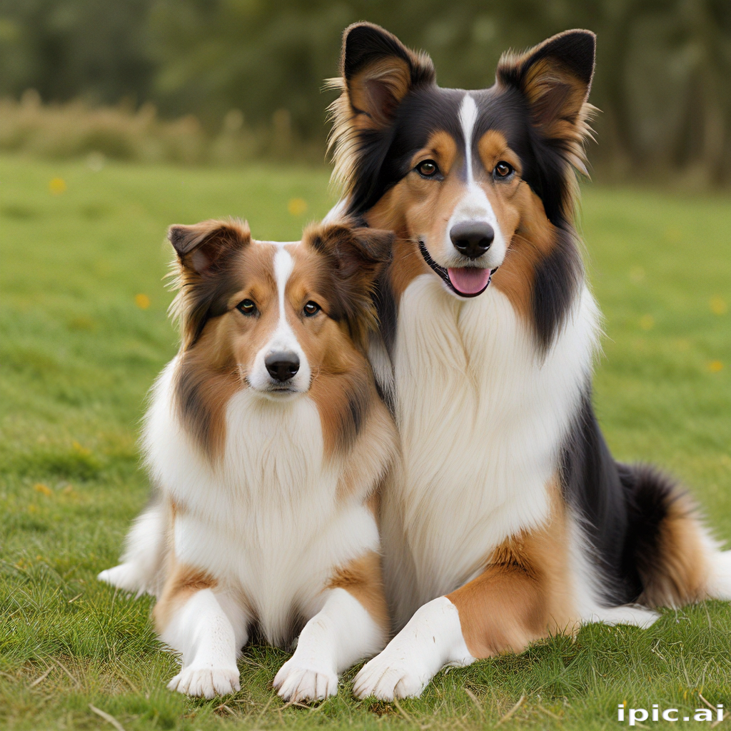 Two Adorable Collies Sitting Together on a Green Field in Nature.