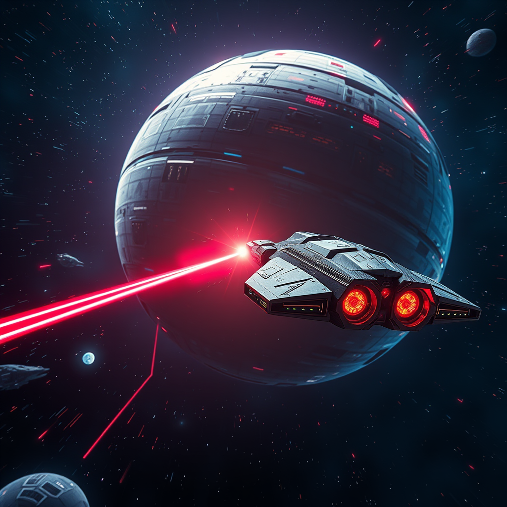 space scene featuring a futuristic spacecraft engaged in a laser attack on a massive spherical space station, vibrant colors reflecting off the ship's surface, high detail, cinematic lighting, captured with a Canon EOS R5, 24mm lens, f/2.8, ISO 100, 1/100s exposure, wide-angle view, digital painting style, vivid and sharp focus