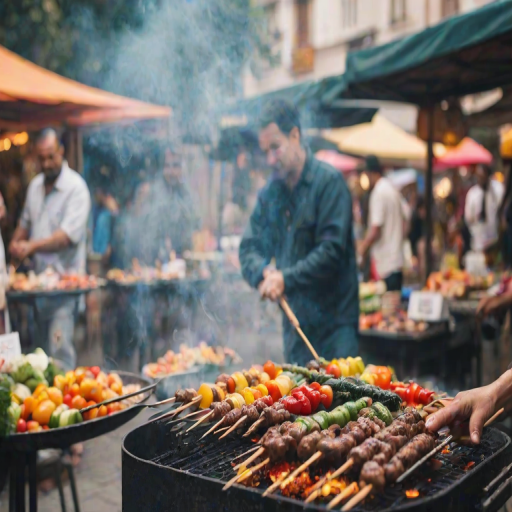 Blurry, candid shot of a street vendor grilling skewers at an outdoor market, soft smoke rising from the grill, with colorful produce and lively shoppers blurred in the background.