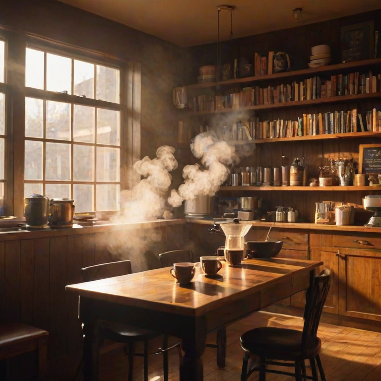 Warmly lit image of a cozy coffee shop interior, steam rising from cups of coffee on a wooden table, with soft golden light streaming through large windows, and bookshelves lining the walls.