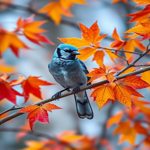Create a vivid depiction of a blue jay perched on a birch branch surrounded by vibrant autumn leaves, shot with a Nikon D850, ISO 200, f/4 aperture, 50mm lens, at a diagonal angle for a more dynamic composition, in high-resolution detail.