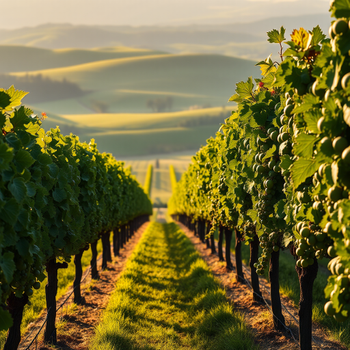 Lush vineyard stretching across rolling hills, grapevines heavy with fruit, and the late afternoon sun casting long shadows over the rows.