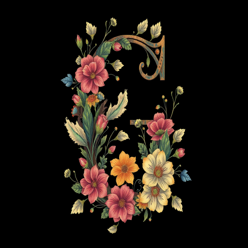 Regenerate a highly detailed illustration of the letter "G" adorned with intricate floral patterns and a dark background, using a Canon EOS R5 camera with a 50mm f/1.2 lens, set at ISO 100, aperture f/4, and shutter speed 1/200s for sharp focus and vibrant colors.