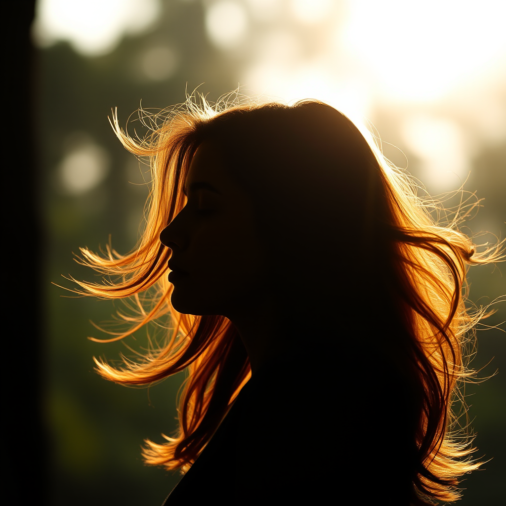 Create a detailed profile silhouette of a woman with flowing hair, using a Canon EOS R5 with a 50mm f/1.2 lens, aperture set to f/1.2, ISO 100, natural backlighting for a soft glow, and a shallow depth of field to enhance focus on the silhouette.