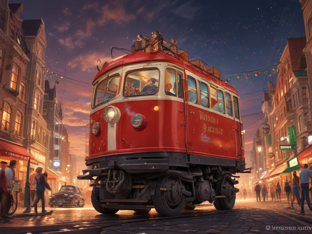 Charming Vintage Tram Traveling Through a Lively Nighttime Cityscape