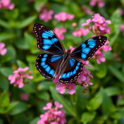 Generate an image of a butterfly with striking blue and black patterns resting on pink flowers in a lush green garden setting. The focus should be on the intricate details of the butterfly's wings and the vibrant colors of the flowers, creating a serene and natural atmosphere.